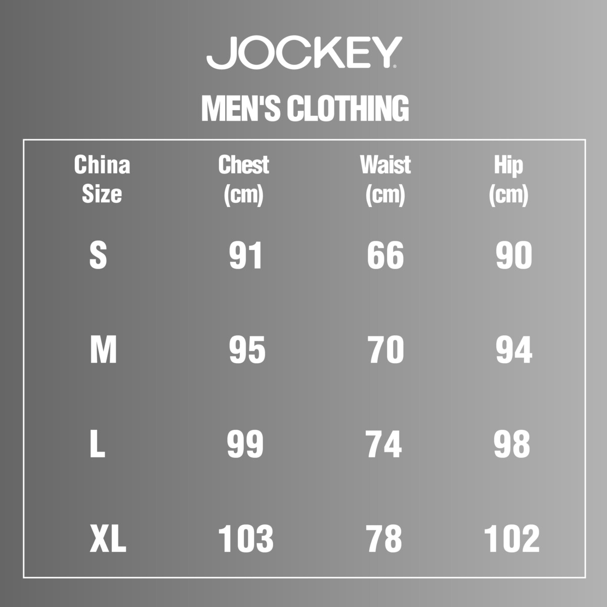 Jockey size chart - China Clothing