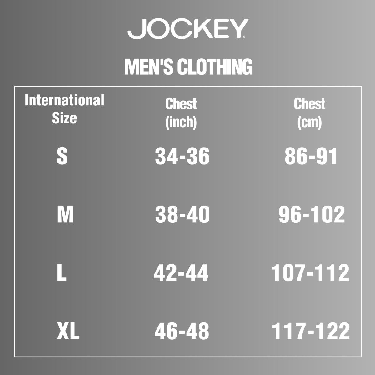 Jockey size chart - International Clothing