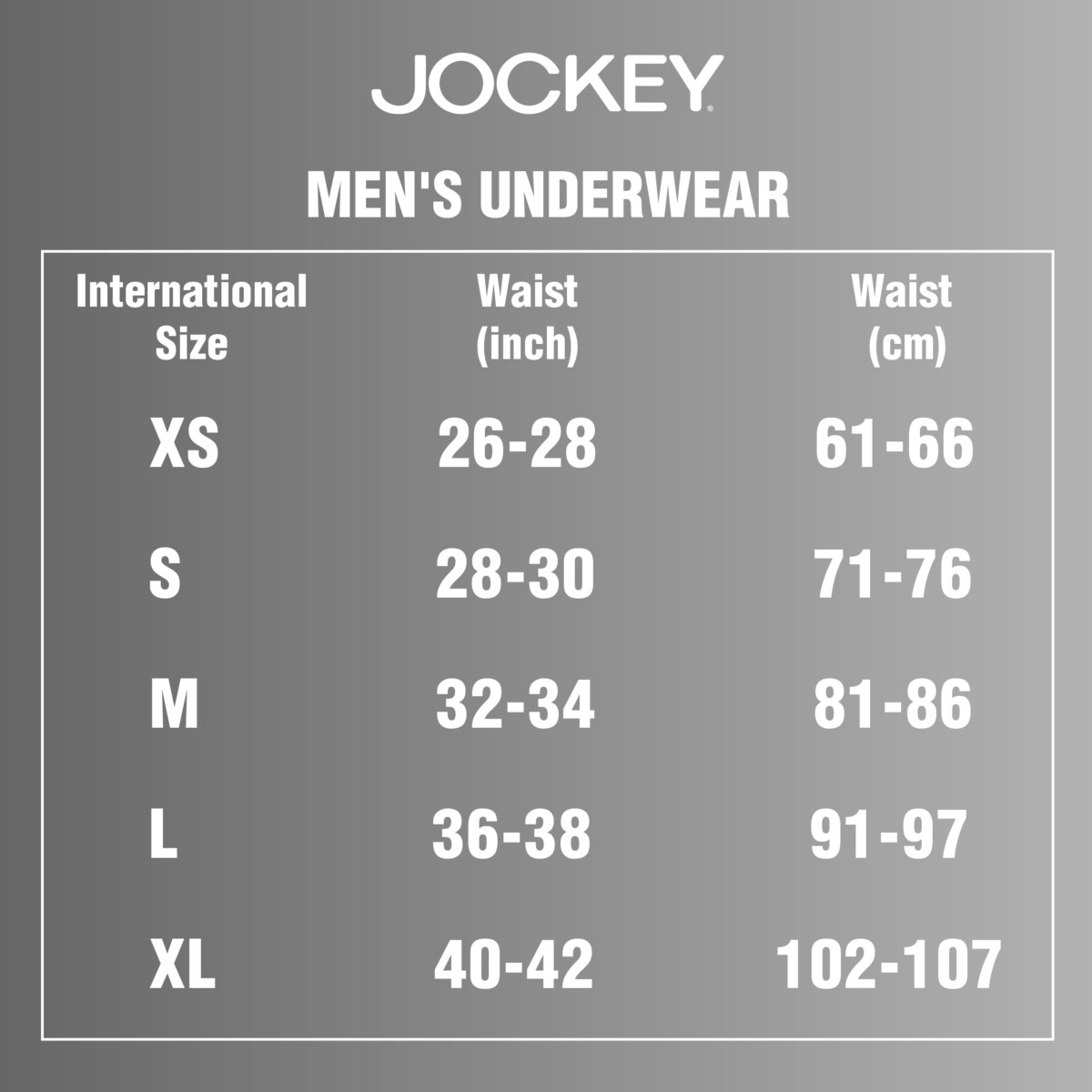 Jockey size chart - International Underwear